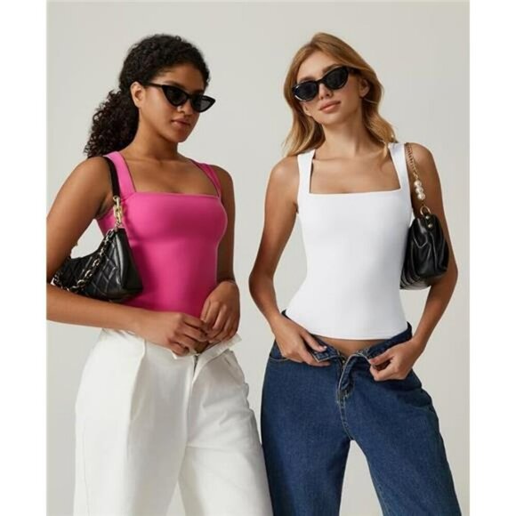 QINSEN Womens Square Neck Tank Top Sleeveless Fitted Double Layer Black Shirt - Picture 5 of 6